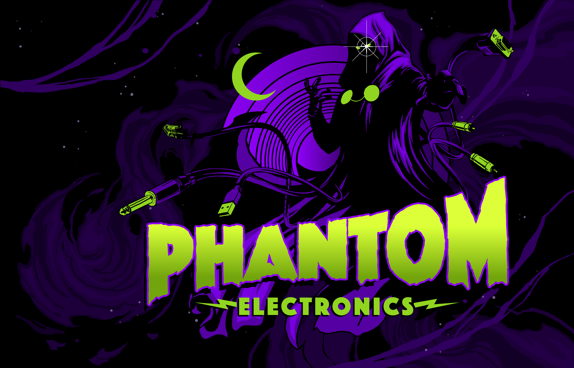 Phantom Electronics logo — a hooded phantom figure in lime green and purple